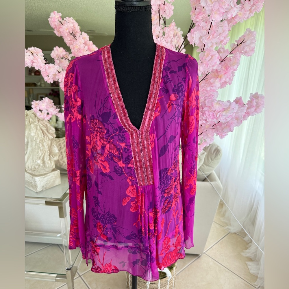 Hale bob Silk Beaded Fuchsia pink  floral blouse Sample Size=small
